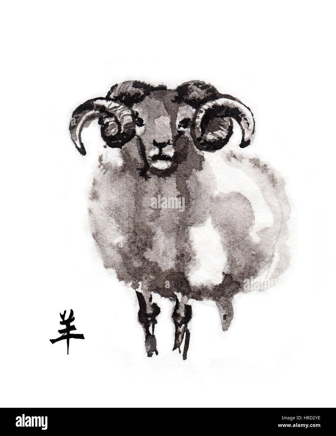 Ram, frontal permanent encre oriental peinture avec hiéroglyphe chinois chèvre ''. Symbole de la nouvelle année de la chèvre, brebis. Banque D'Images