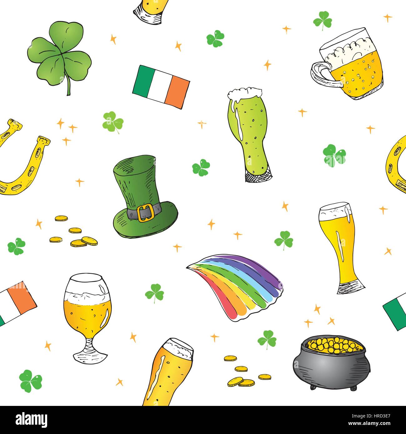 St Patrick's Day hand drawn doodle motif transparent, avec chapeau de leprechaun, pot de pièces d'or, arc-en-ciel, la bière, le trèfle à quatre feuilles, fer à cheval, harpe celtique v Illustration de Vecteur