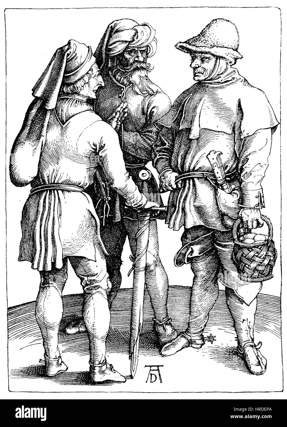 Différents types de paysans au 15ème siècle, gravure sur cuivre par Albrecht Duerer, Allemagne, la reproduction d'une gravure sur bois du xixe siècle, 1885 Banque D'Images