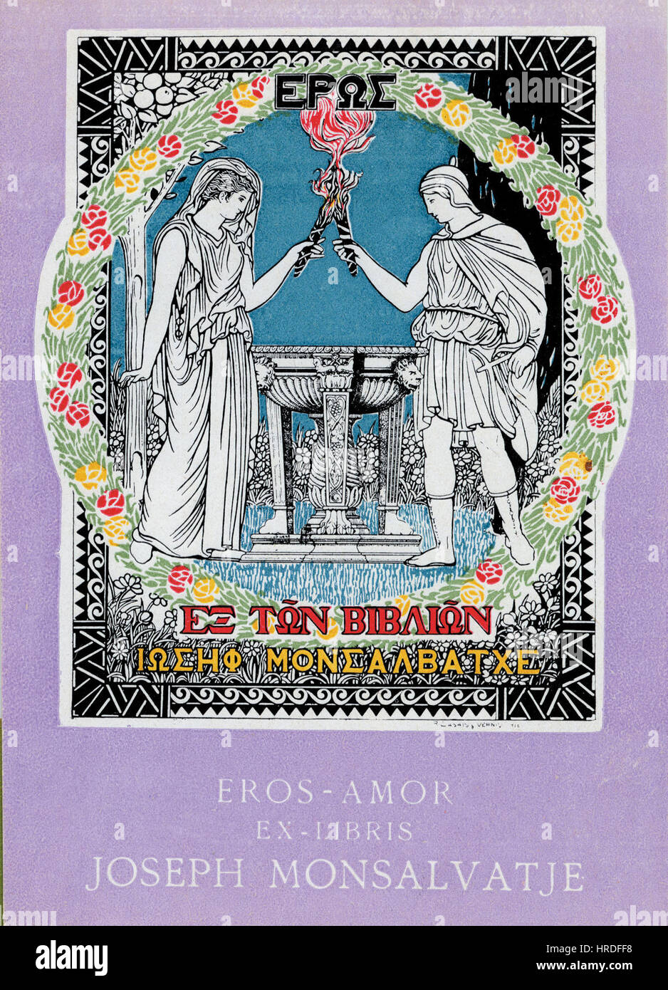 L'« ex libris » de Joseph Monsalvatje, créé en 1916, est un dessin de bibliothèque, un symbole graphique personnalisé marquant la propriété d'un livre. Cet ex libris combine illustration artistique et identification personnelle. Banque D'Images