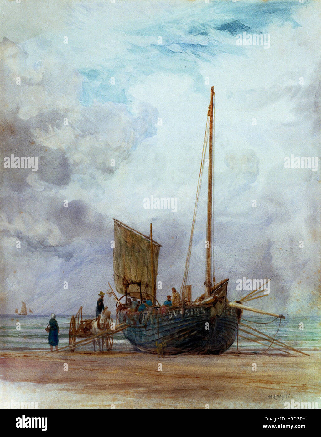 William Lionel Wyllie bateau de pêche échoués sur le déchargement dans un panier, avec des chiffres Banque D'Images