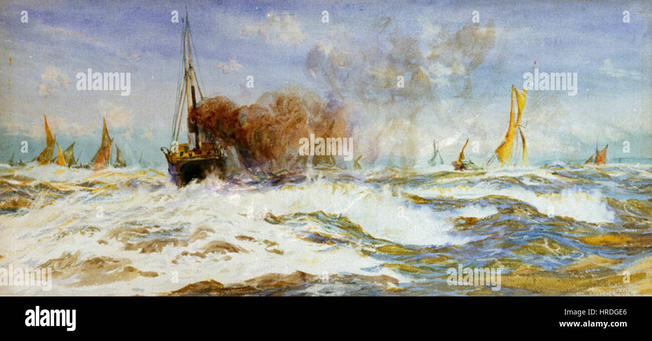Barges and Sea de William Lionel Wyllie dépeint une scène maritime avec des barges naviguant dans des eaux calmes. Connu pour ses peintures marines, Wyllie capture le mouvement et l'atmosphère de la mer en mettant l'accent sur les détails et la représentation réaliste de l'eau. Banque D'Images