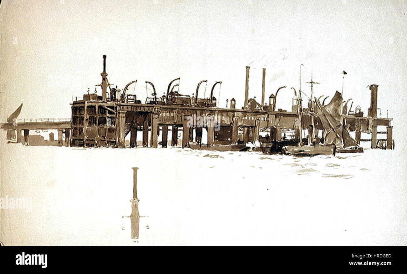 'Beckton Gasworks' de William Lionel Wyllie représente le paysage industriel de l'usine à gaz de Beckton, Londres. La peinture capture l’énergie et l’ampleur de la révolution industrielle, mettant en valeur l’accent mis par Wyllie sur l’architecture et l’activité industrielles. Banque D'Images