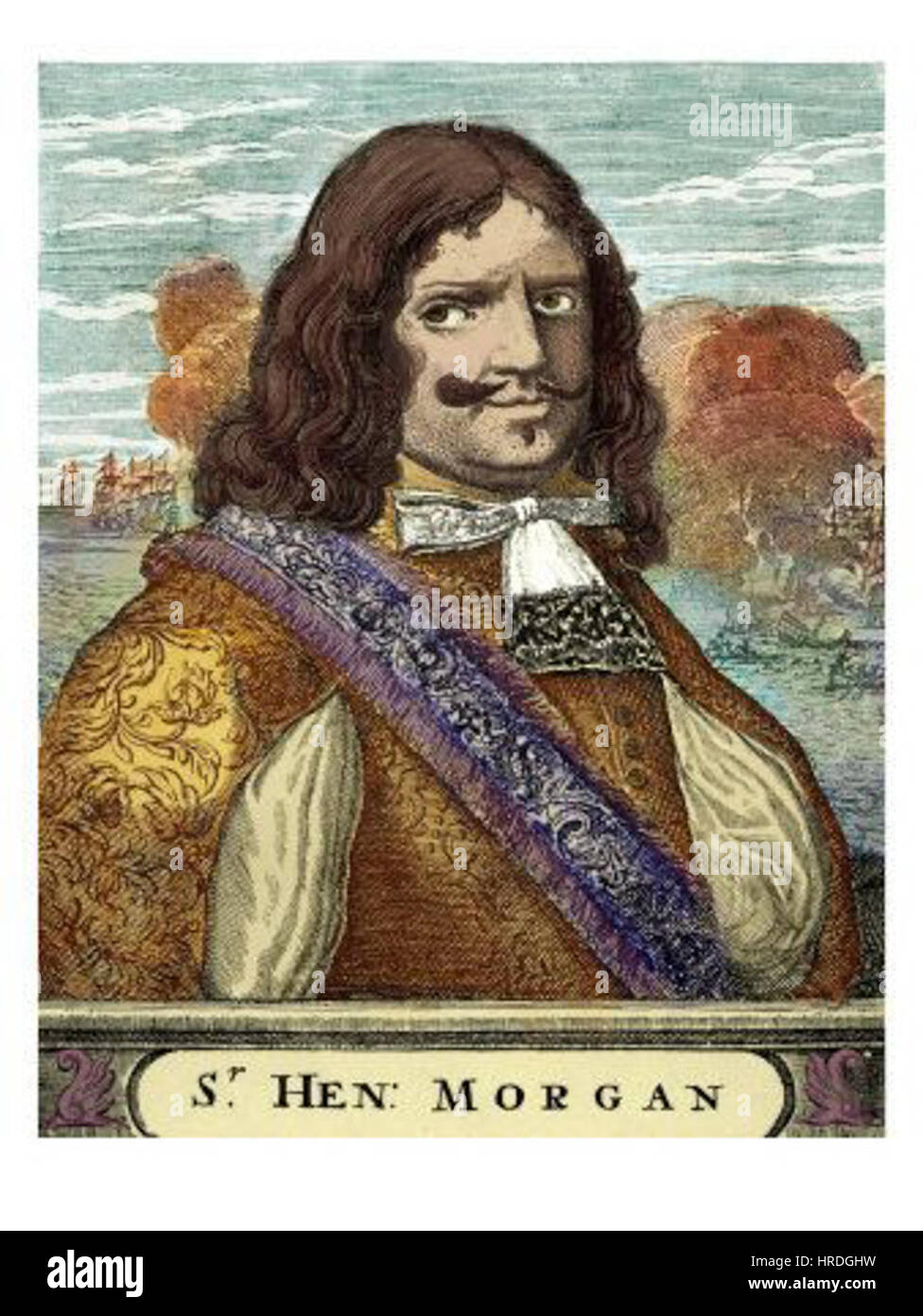 Cette illustration colorée de Henry Morgan, célèbre corsaire anglais connu pour ses exploits dans les Caraïbes au XVIIe siècle, souligne son rôle dans la piraterie coloniale et l’aventure. Banque D'Images