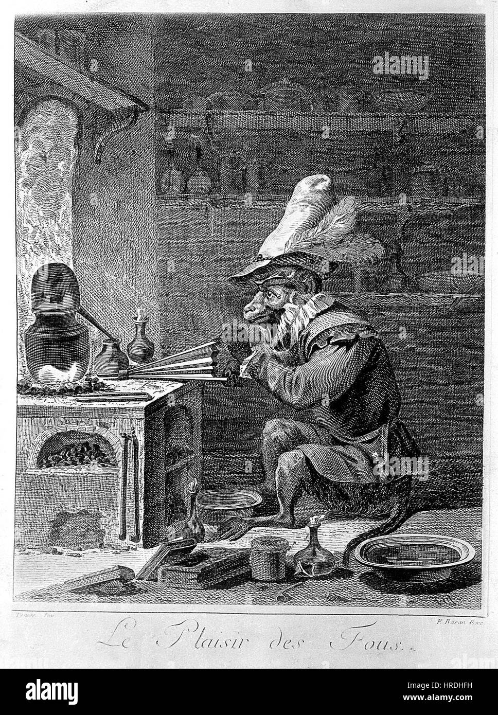 Un monkey-pompes alchimiste un soufflet dans un laboratoire ; alludin Wellcome L0004333 Banque D'Images