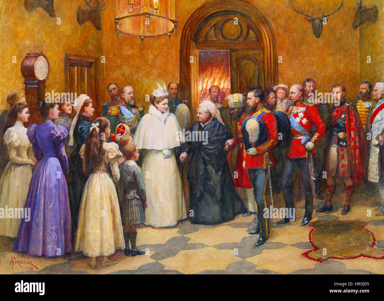 Cette peinture historique dépeint la grande réception de l'empereur et de l'impératrice russes à Balmoral, mettant l'accent sur la diplomatie royale entre les monarchies britannique et russe. Banque D'Images