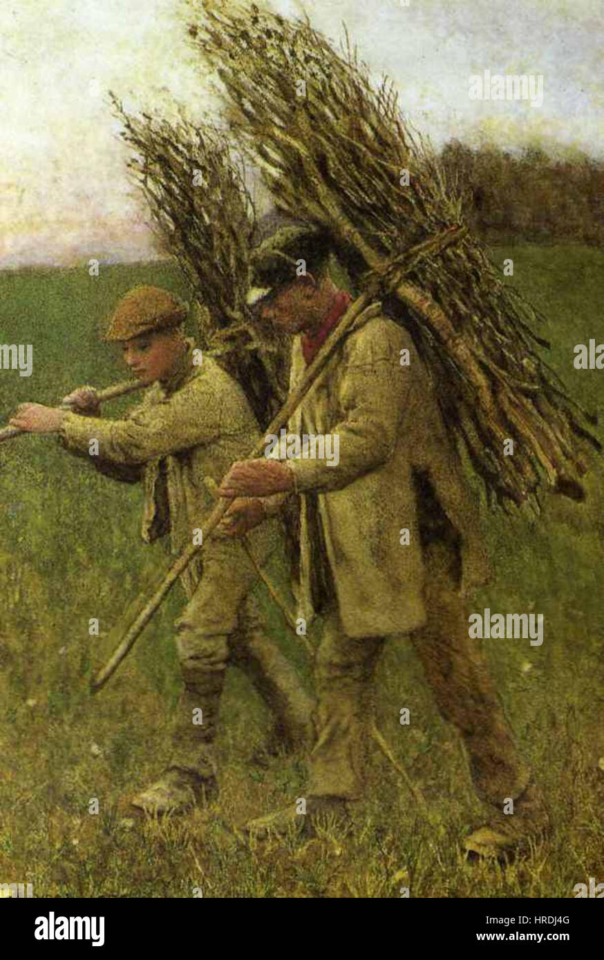 Cette peinture de George Clausen de 1896 représente des fermiers revenant des champs. La composition reflète la vie rurale quotidienne et le dur labeur de la période, capturant l'essence du paysage agricole de l'Angleterre. L'utilisation de la lumière et de la couleur par Clausen améliore le réalisme et la dignité tranquille des travailleurs. Banque D'Images