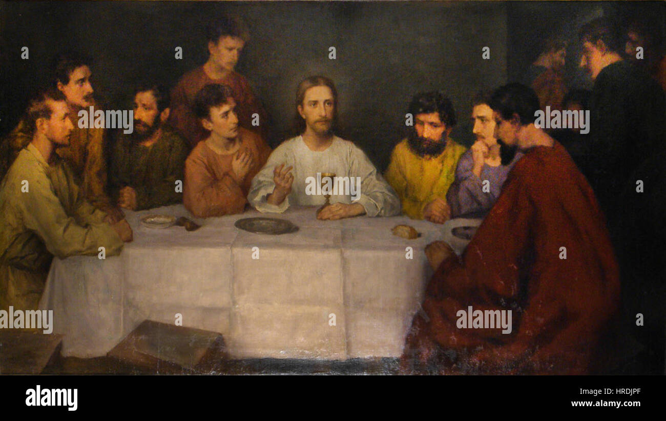 'Abendmahl' (la Cène) de Mathilde Block est une interprétation de la scène biblique, en se concentrant sur les expressions émotionnelles et dramatiques des figures pendant le moment significatif du dernier repas du Christ avec ses disciples. Banque D'Images