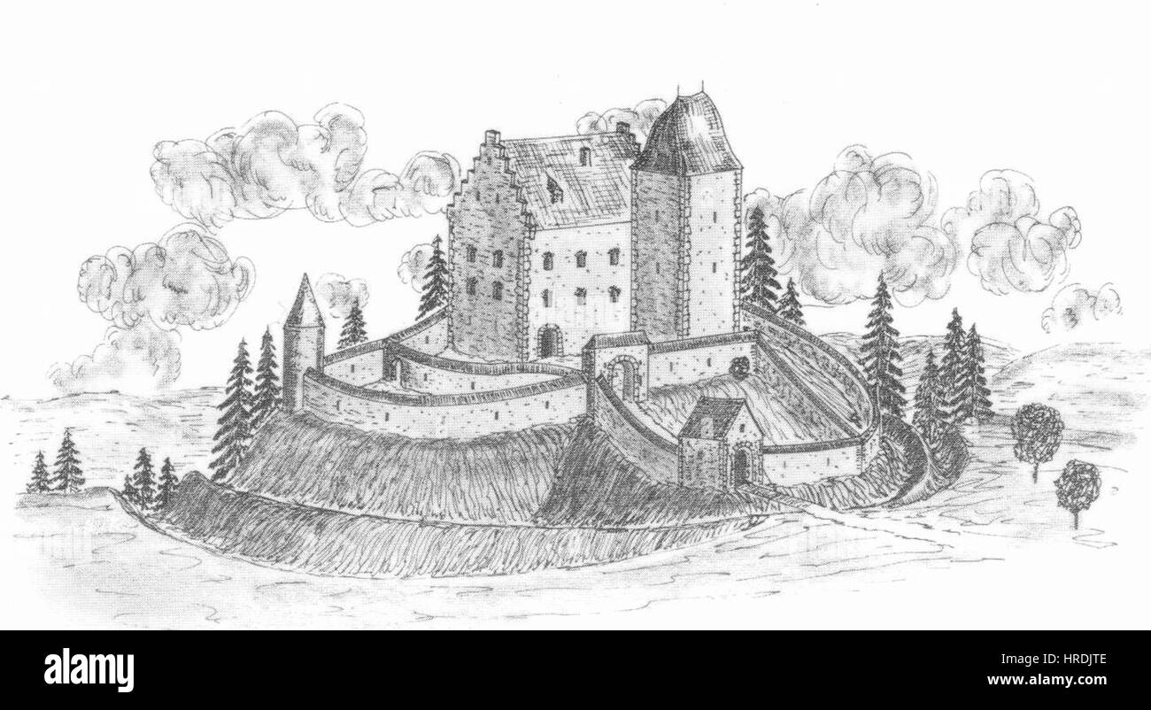 Cette reconstruction de Burg Ellhofen fournit une représentation visuelle détaillée du château médiéval. La représentation met en évidence l'architecture défensive et l'importance historique du site, donnant un aperçu des techniques de construction médiévales. Banque D'Images