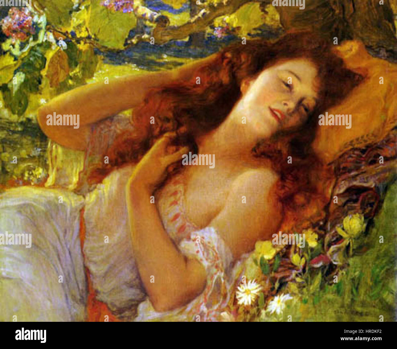 « Dolce Far niente » de Frederick Arthur Bridgman capture un moment de sérénité et de détente en Orient, où une femme est représentée en train de profiter de la douce farniente d'un après-midi rempli de loisirs. La peinture reflète la fascination de l’artiste pour les thèmes orientaux et les décors luxueux. Banque D'Images