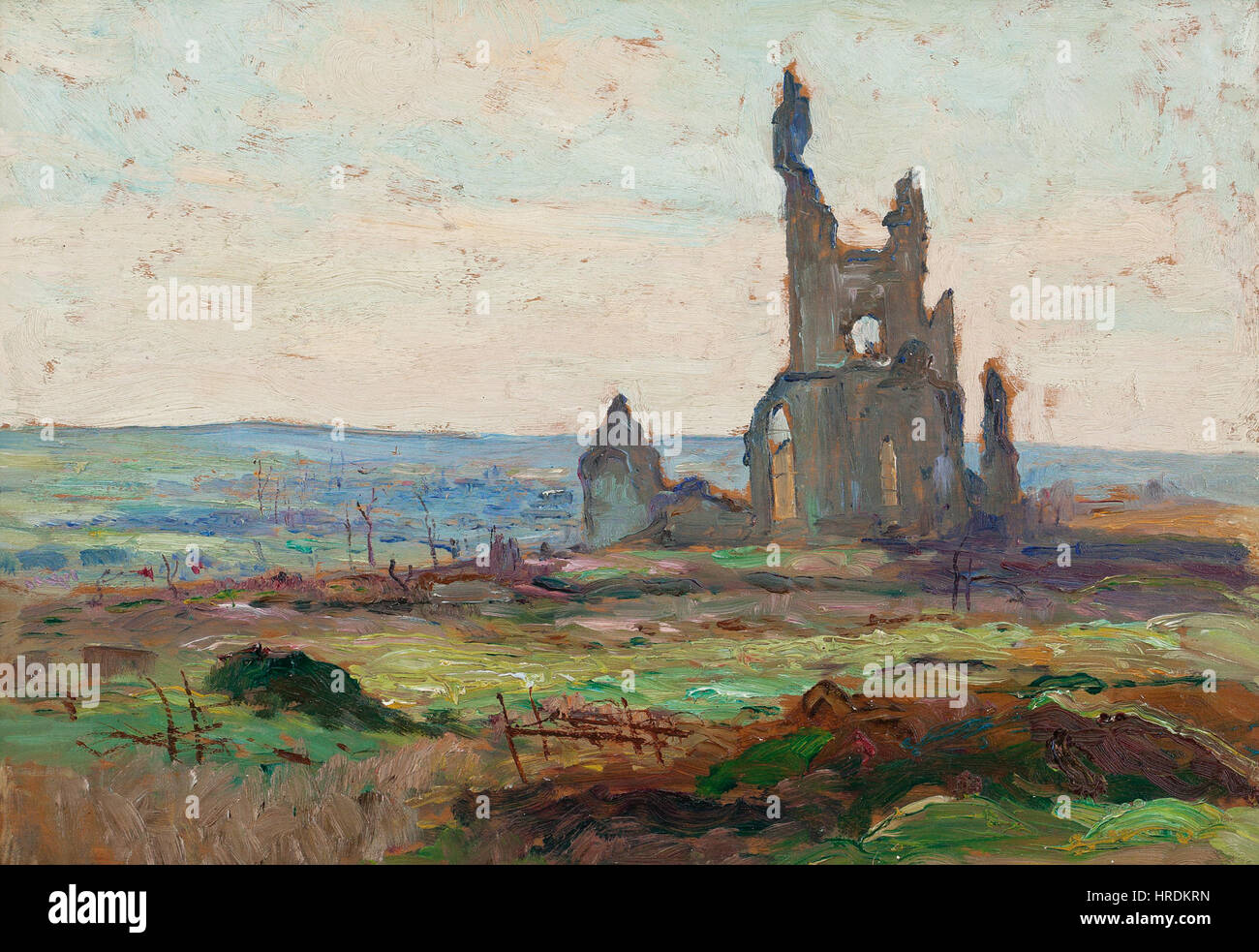 « Ablain, composé Nazaire » (1918) de Maurice Galbraith Cullen est une peinture impressionniste capturant le paysage serein d'Ablain-Saint-Nazaire en France. L'œuvre reflète la maîtrise de Cullen de la lumière et de l'atmosphère. Banque D'Images