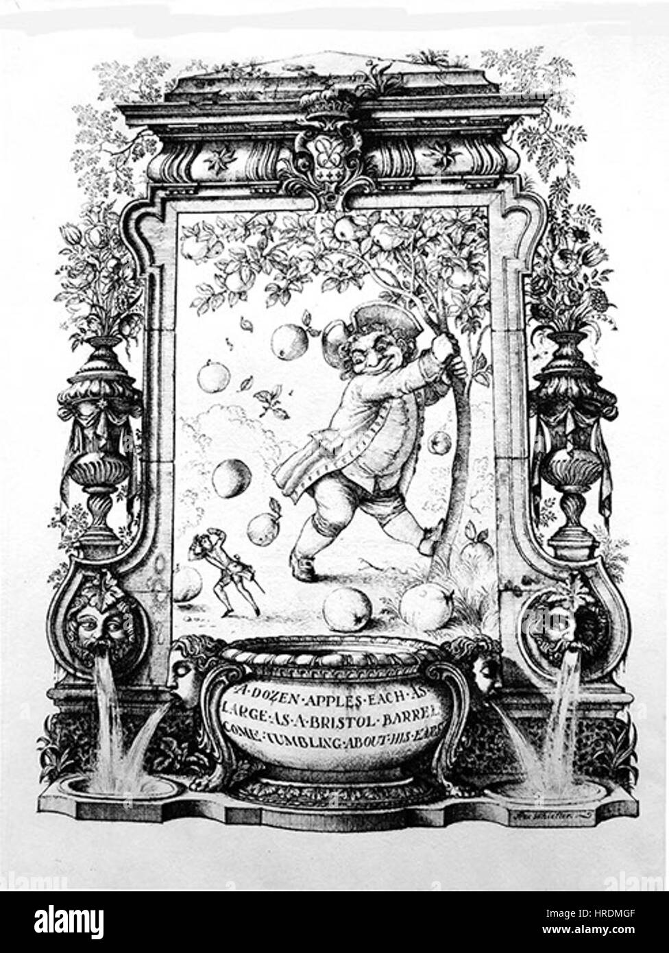 Le tableau de Rex Whistler de 1930 dépeint une scène fantaisiste des « voyages de Gulliver » de Jonathan Swift, où un nain brobdingnagien fait trembler des pommes sur Gulliver, mettant en valeur des proportions imaginatives et des thèmes fantastiques. Banque D'Images