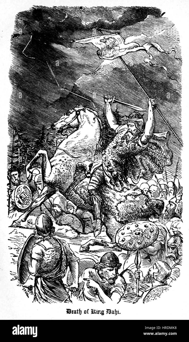 Cette représentation montre la mort du roi Dahi, figure de la mythologie indienne, marquant un moment important dans les récits anciens du sous-continent. Banque D'Images