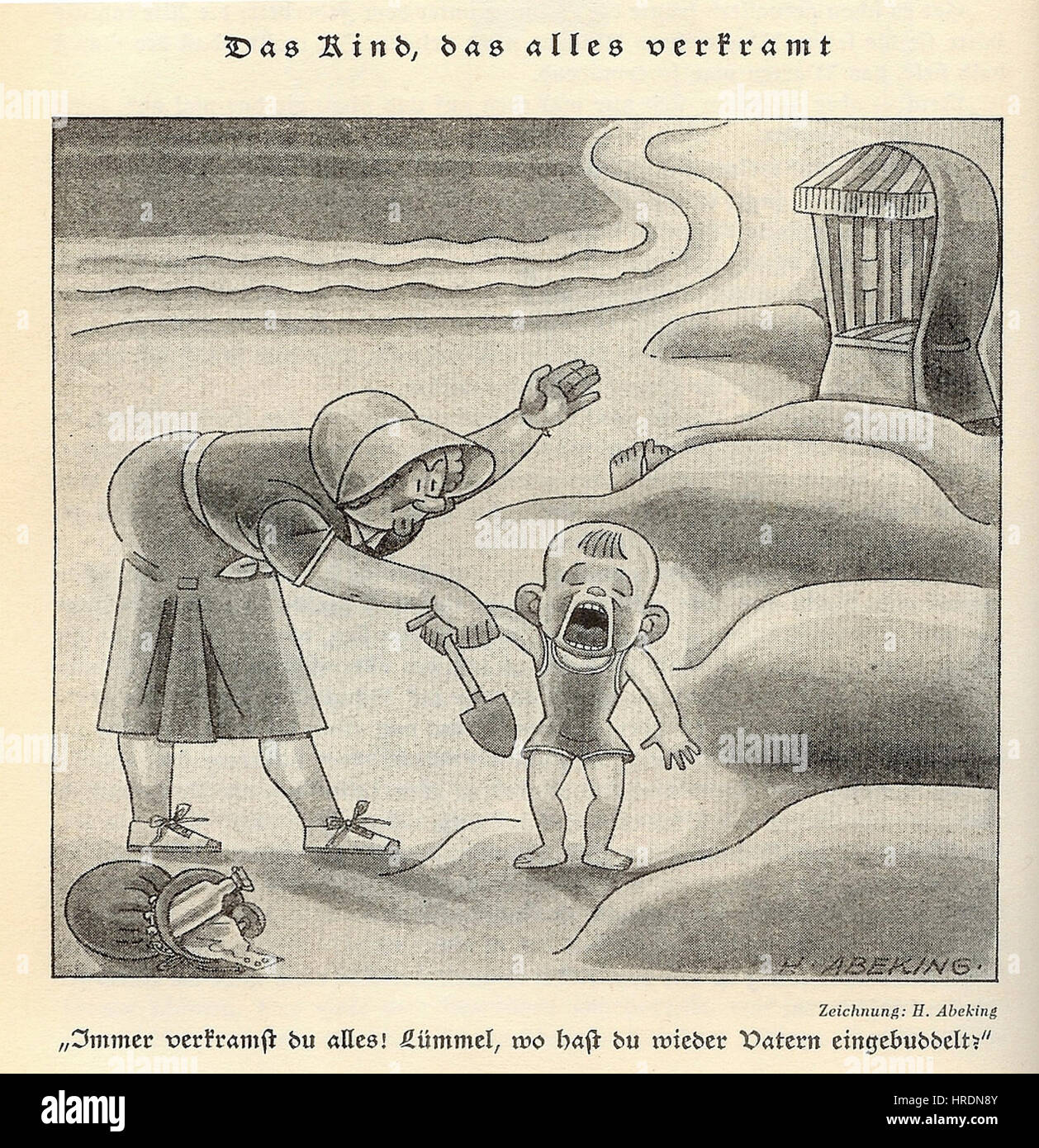 Cette peinture de Hermann Abeking, intitulée 'Das Kind, das alles verkramt', créée en 1939, représente un enfant engagé dans un jeu chaotique, capturant l'innocence et la confusion de l'Europe en temps de guerre. Banque D'Images