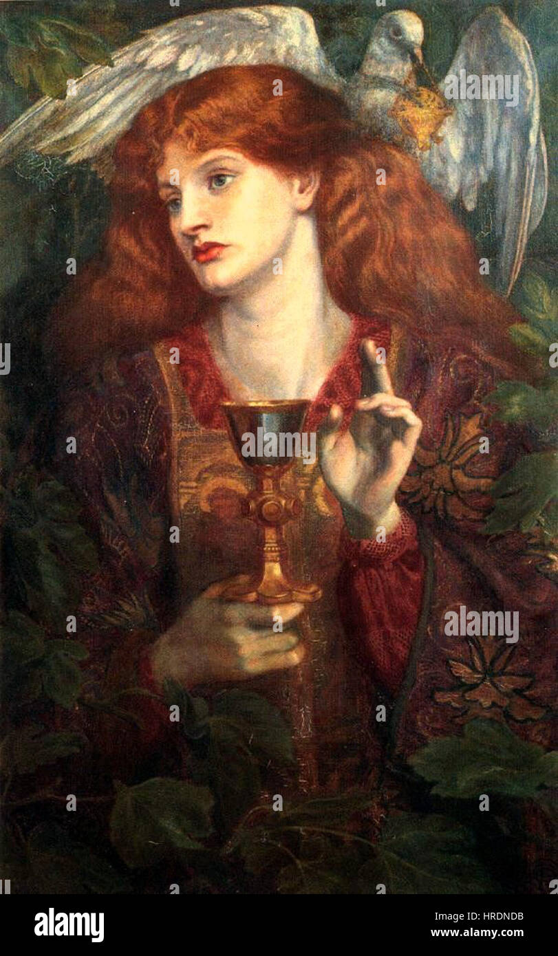 'La demoiselle du Sanct Grael' de Dante Gabriel Rossetti dépeint une scène mystique de la légende arthurienne. La peinture reflète le style préraphaélite de Rossetti, avec son accent sur le détail, le symbolisme et le thème de la pureté spirituelle. Banque D'Images