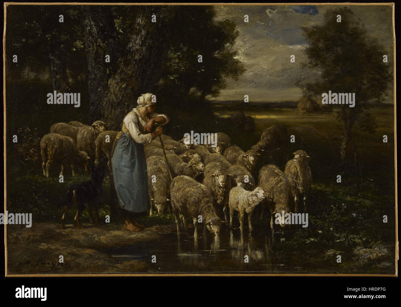 'Berger et mouton' de Charles-Emile Jacque dépeint une scène rurale sereine à Fontainebleau, en France, montrant une bergère avec son troupeau. L’œuvre met en évidence la compétence de Jacque à saisir la vie pastorale et l’environnement naturel. Banque D'Images