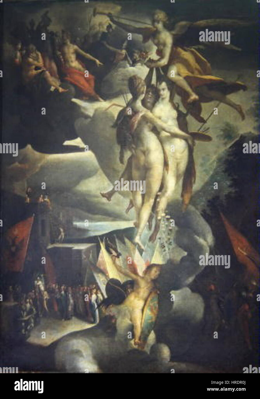 Bartholomaeus Spranger était un artiste flamand connu pour son style maniériste, créant des œuvres qui mêlent mythologie classique et allégorie élaborée. Cette peinture présente la figure de Fama (renommée) ascendant à l'Olympe, symbolisant la renommée et la gloire dans la culture classique. Banque D'Images