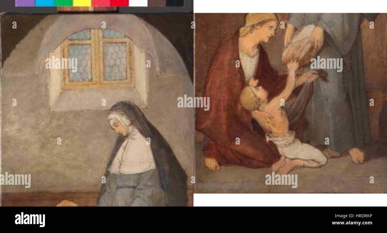 Cette œuvre d'Antonin Jedlicka, 'Sedmero skutku milosrdenstvi' (les sept œuvres de la miséricorde), illustre un thème religieux en dépeignant des actes de gentillesse et de charité. L'œuvre suit le thème chrétien classique de la miséricorde à travers des représentations vivantes d'actes de compassion. Banque D'Images