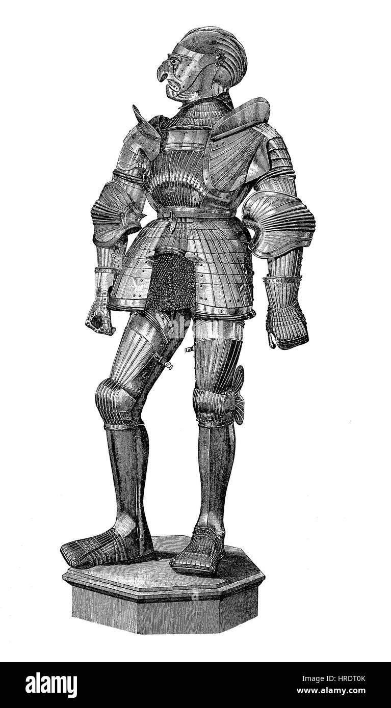 Un soi-disant Milan armor, Harnisch, du 15e et 16e siècle, l'Autriche, la reproduction d'une gravure sur bois du xixe siècle, 1885 Banque D'Images