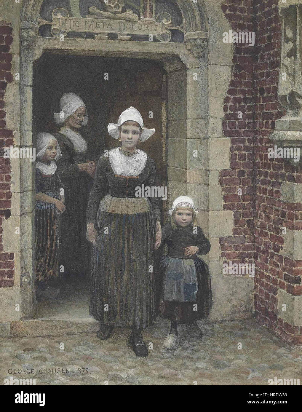 Le tableau de George Clausen 'Coming out of Church, Vollendam, Zuider Zee' représente des villageois quittant une église dans le village de pêcheurs néerlandais de Vollendam. L’œuvre met en lumière la vie quotidienne de la Hollande rurale, en mettant l’accent sur la simplicité de la culture et de la communauté locales. Banque D'Images