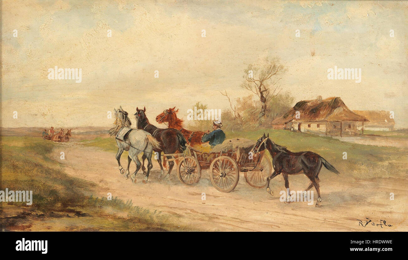 « Ungarisches Marktfuhrwerk 2 » d'Alfred Steinacker est une peinture à l'huile représentant un chariot du marché hongrois dans un cadre rural. L’œuvre illustre l’attention de Steinacker sur la vie rurale et les transports en Hongrie au XIXe siècle. Banque D'Images