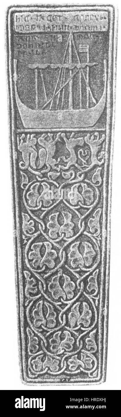 Cette dalle funéraire commémore Aonghus, fils d'Aonghus Mac Domhnaill, un membre du clan MacDonald écossais. Il reflète la tradition de marquage des tombes au début de l'Écosse médiévale, mettant en valeur des symboles inscrits et un design simple mais frappant. Banque D'Images
