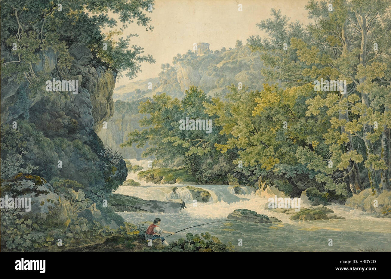 Dans « Angler BEI Tivoli », Abraham-Louis-Rodolphe Ducros capture un paysage italien serein, en se concentrant sur un pêcheur au bord de la rivière à Tivoli. La peinture reflète la tranquillité de la campagne, avec des rendus détaillés de la nature et de l'eau. Banque D'Images