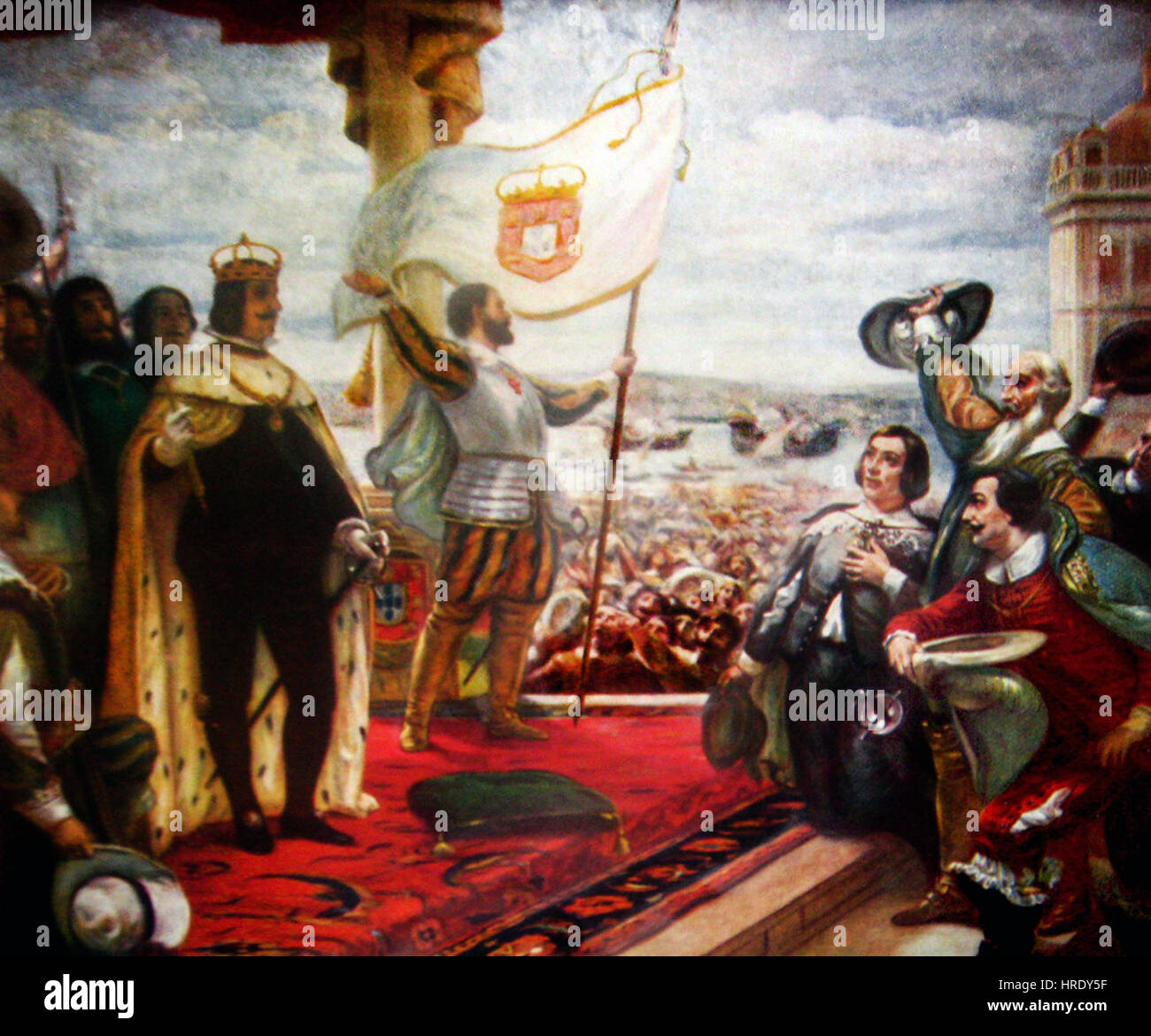 Une scène historique représentant la proclamation de João IV comme roi du Portugal. Ce moment marque un événement important dans l'histoire portugaise, symbolisant l'établissement de la dynastie Bragance en 1640. Banque D'Images