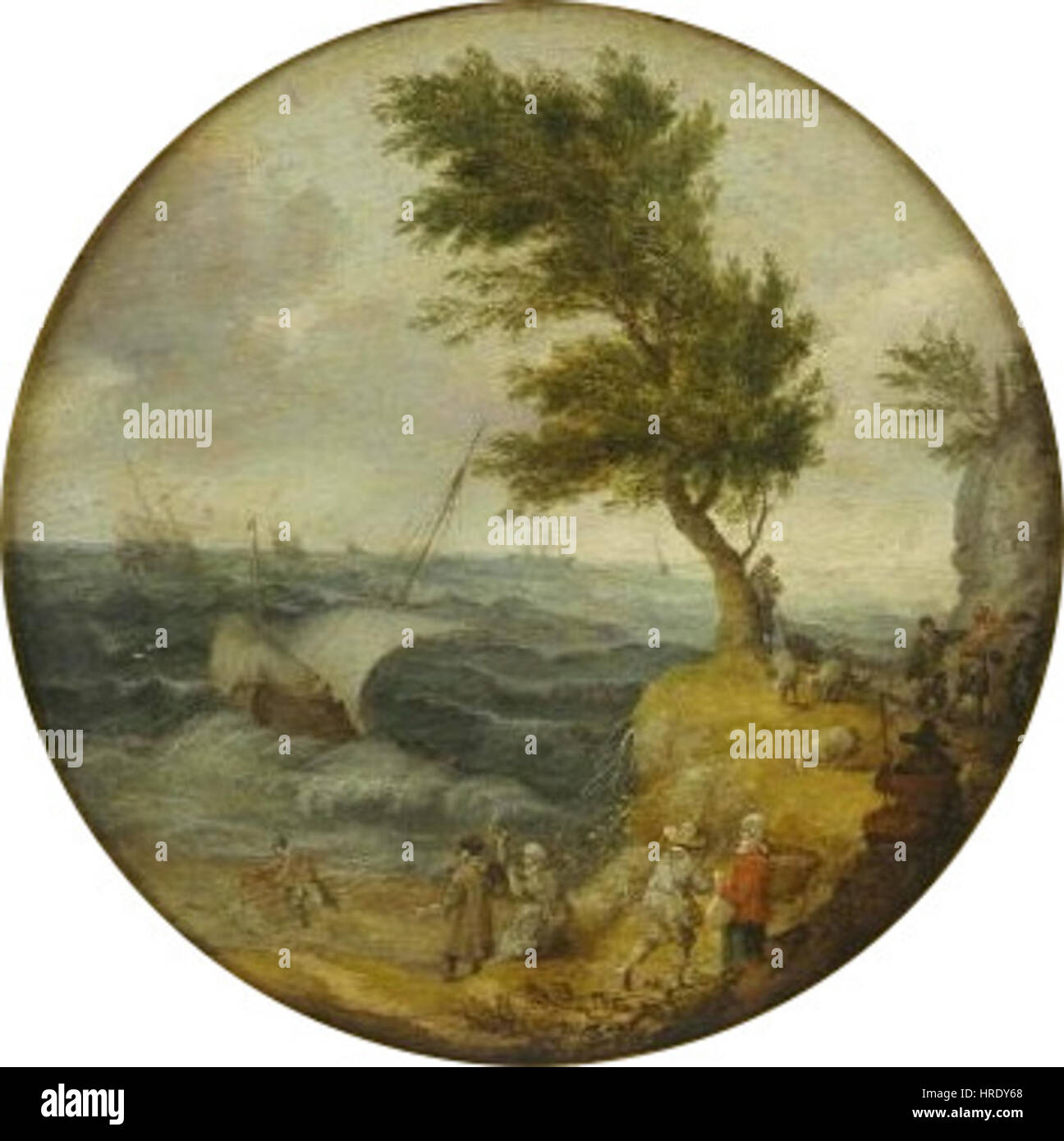 La peinture d'Adam Willaerts, Skalnata krajina s rozbourenym morem (paysage rocheux avec une mer de tempête), représente une scène dramatique d'eaux turbulentes s'écrasant contre une côte rocheuse. Le ciel orageux ajoute à l'intensité des éléments naturels, montrant la maîtrise de Willaerts dans la représentation de la puissance brute de la nature. La scène reflète la peinture paysagère néerlandaise du XVIIe siècle, connue pour sa représentation détaillée des paysages et des paysages marins. Banque D'Images