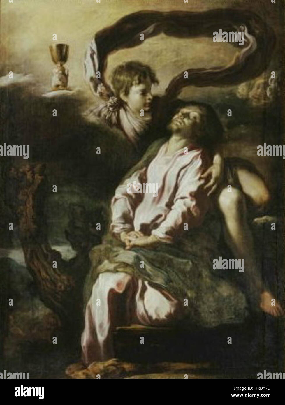 *Kristus na Hore Olivetske* (Christ sur le Mont des oliviers) de Domenico Fetti représente le moment de la prière du Christ dans le jardin de Gethsémani, une scène émotionnellement intense. L'utilisation de la lumière et de l'ombre par Fetti traduit l'agonie et la tourmente spirituelle que le Christ connaît avant sa crucifixion, un moment central de la théologie chrétienne. Banque D'Images