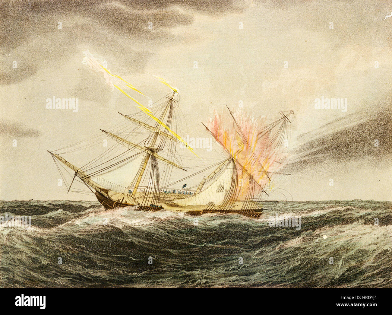 Le HMS Thisbe, une frégate britannique lancée en 1783, est représenté dans une scène dramatique où il est englouti dans les flammes. Cette image historique illustre les dangers de la guerre navale au XVIIIe siècle. Banque D'Images