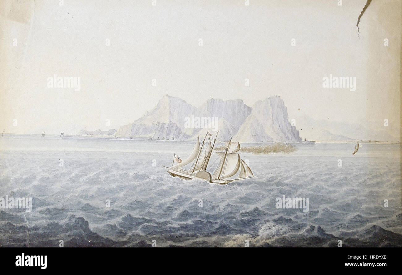 'Gibraltar depuis le détroit' est une peinture de paysage qui capture la vue de Gibraltar depuis le détroit de Gibraltar, soulignant la beauté naturelle du littoral et l'importance stratégique de l'emplacement. L’œuvre reflète l’importance de ce monument emblématique. Banque D'Images