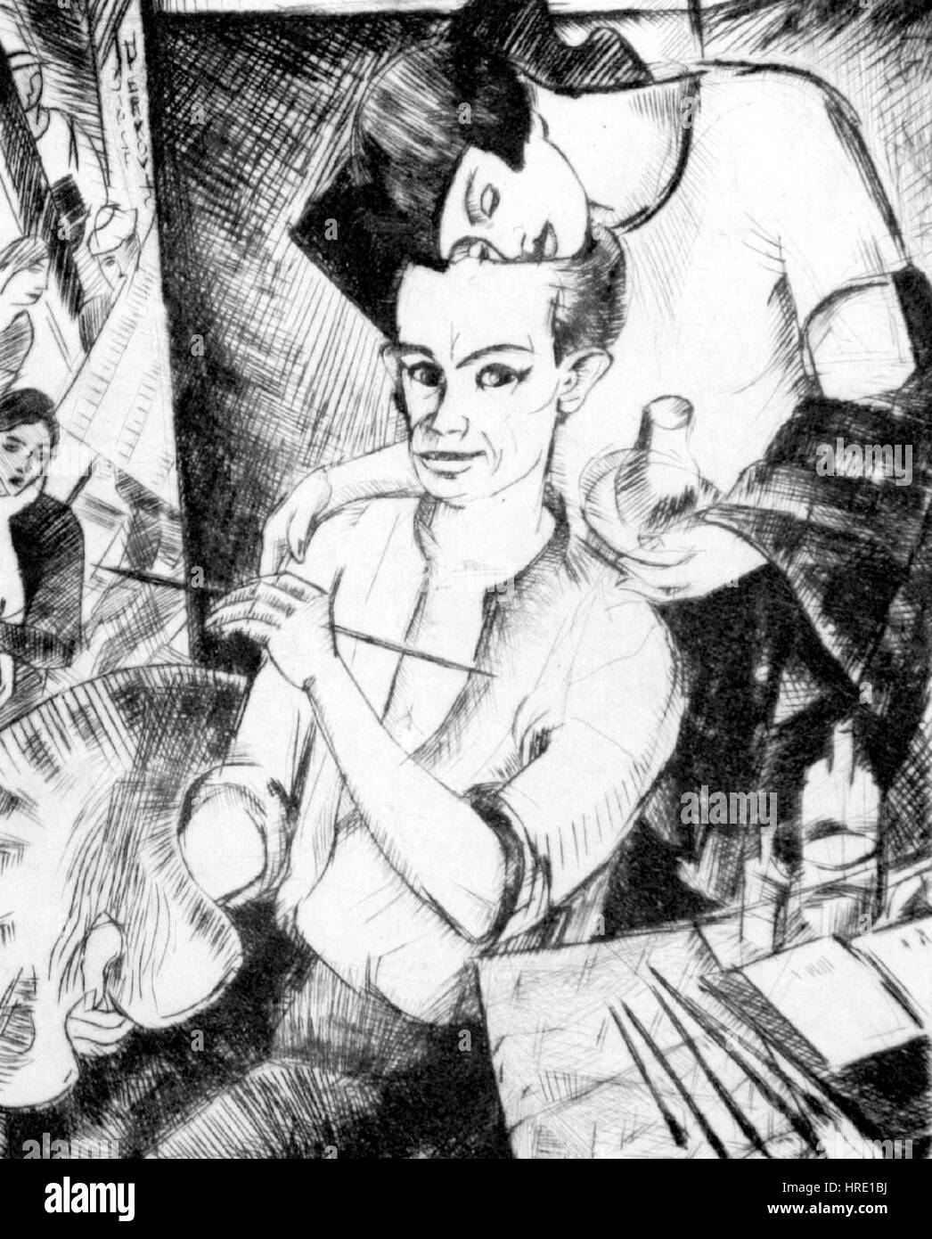 'The Two of US' de Gyula Derkovits, peint en 1927, est une œuvre expressionniste qui explore les relations humaines. La pièce utilise des lignes audacieuses et des formes déformées pour souligner l’intensité émotionnelle, typique de l’approche de Derkovits pour décrire des thèmes personnels et sociaux. Banque D'Images