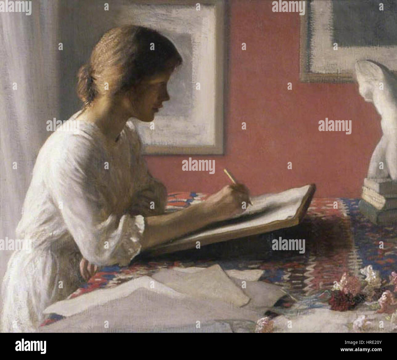 George Clausen était un peintre anglais réputé pour ses représentations de la vie rurale et des paysages. Son travail portait souvent sur les effets de la lumière et de l’atmosphère, avec une attention particulière aux changements de saisons et au travail agricole des campagnes. Ses contributions au développement de l'impressionnisme anglais sont significatives, capturant des scènes avec un sens du réalisme et du naturalisme qui reflètent son lien profond avec la nature. Banque D'Images
