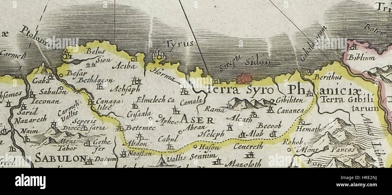 Cette carte, créée par Willem Janszoon Blaeu et Joan Blaeu en 1648-1664, représente la Terre Sainte, autrefois connue sous le nom de Palestine, à une époque de grande importance religieuse et historique. La carte est une représentation détaillée de la région, soulignant les caractéristiques bibliques et géographiques de la région telles qu'elles ont été comprises au XVIIe siècle. Banque D'Images