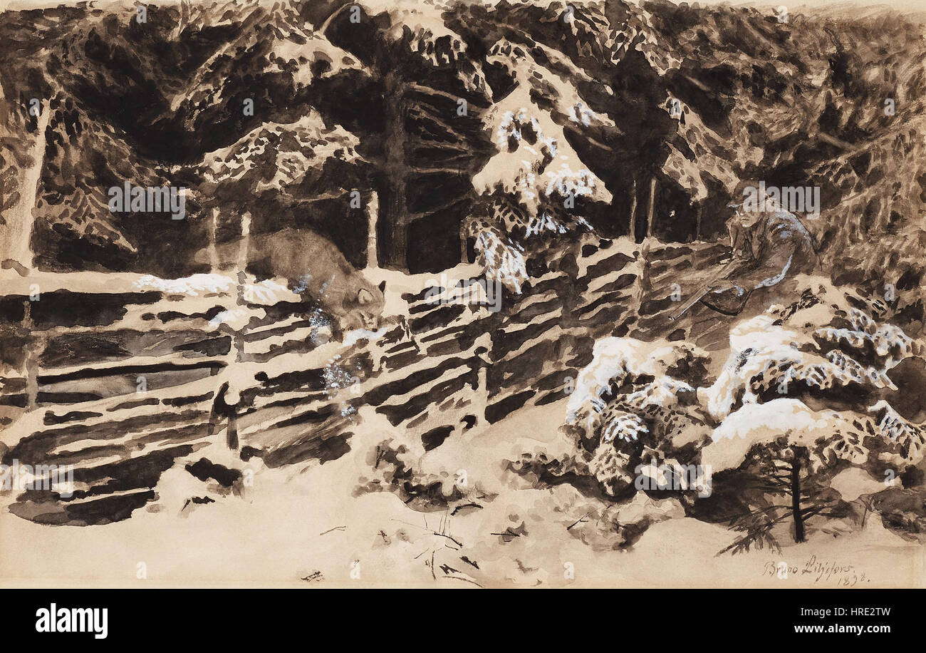 La scène d'hiver de Bruno Liljefors de 1898 représente un chasseur et un renard dans un paysage hivernal. La peinture capture la beauté froide de la nature avec une attention méticuleuse aux détails et contraste la figure humaine avec l'animal sauvage. Banque D'Images