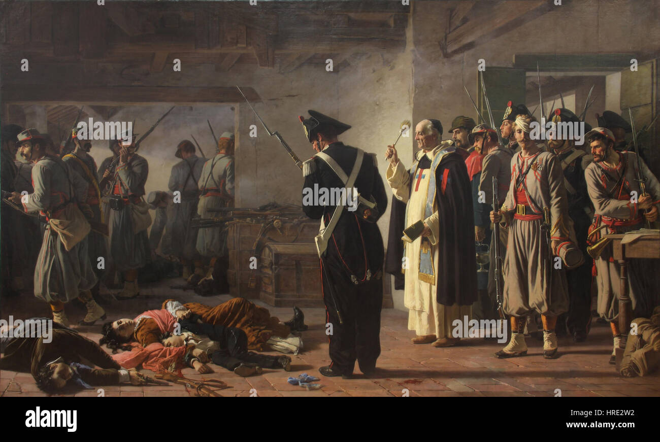 « Eccidio Tavani » de Carlo Ademollo dépeint un événement historique violent, capturant l'intensité émotionnelle du massacre avec des détails saisissants. La peinture reflète la capacité de l'artiste à capturer à la fois le chaos et l'émotion du conflit. Banque D'Images