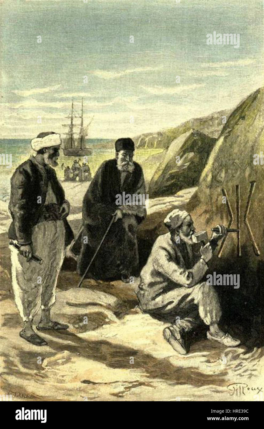 'Les merveilleuses aventures du capitaine Antifer' de George Roux est une illustration vivante accompagnant le roman. Le style détaillé de Roux donne vie aux aventures et aux escapades du personnage-titre, soulignant son voyage maritime. Banque D'Images