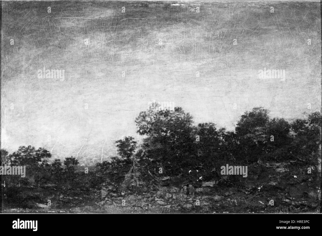 « Paysage avec Indiens » de Ralph Albert Blakelock dépeint une scène sereine, mais évocatrice, des Amérindiens au milieu du paysage naturel. La peinture capture la beauté de la nature sauvage, contrastée avec les figures des Amérindiens, suggérant une relation harmonieuse avec la nature. L'utilisation de la lumière et de l'ombre par Blakelock dans la composition souligne la profondeur du paysage, mettant en évidence son habileté à dépeindre des figures humaines et des environnements naturels. Banque D'Images