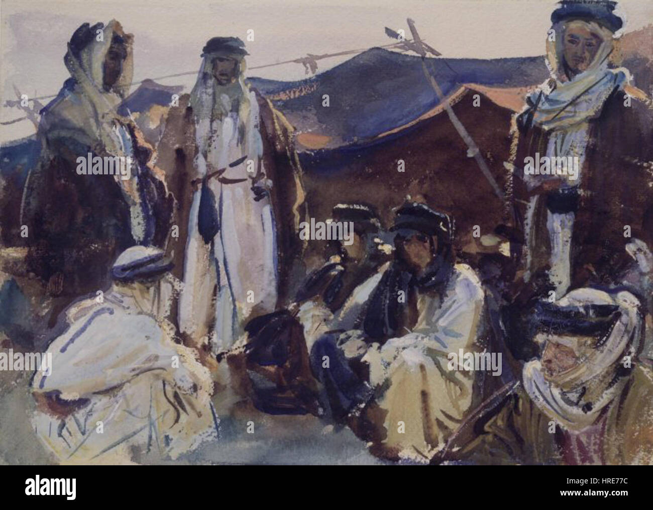 'Bedouin Camp' de John Singer Sargent est une peinture à l'huile qui capture une scène de la vie quotidienne dans un camp bédouin. La technique magistrale de l’artiste et son souci du détail dépeignent les figures et l’environnement avec réalisme, soulignant l’intérêt de Sargent pour la lumière, l’ombre et les contextes culturels. Banque D'Images