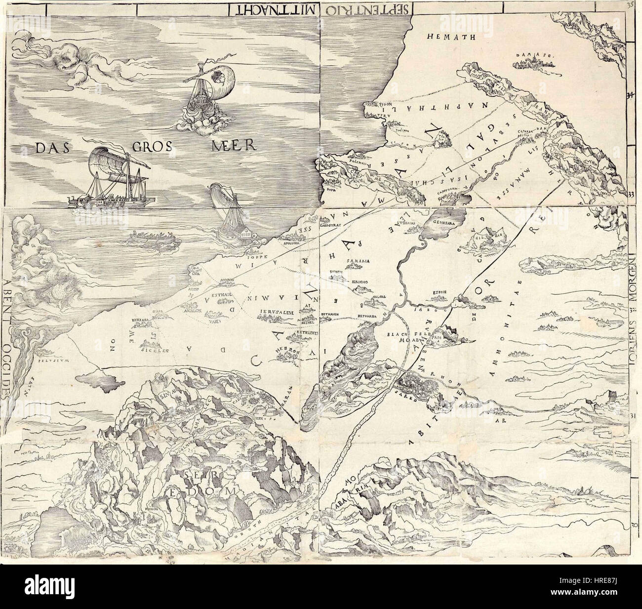 La 'carte d'Israël' de Cranach est une illustration détaillée qui représente probablement les terres bibliques d'Israël. Connu pour sa précision et son détail, le travail de Cranach dans cette carte reflète l’intérêt de la Renaissance pour la cartographie et l’histoire biblique. La carte peut combiner des représentations artistiques avec une précision géographique, créant une représentation visuelle de la Terre Sainte pendant la période de la Renaissance. Banque D'Images