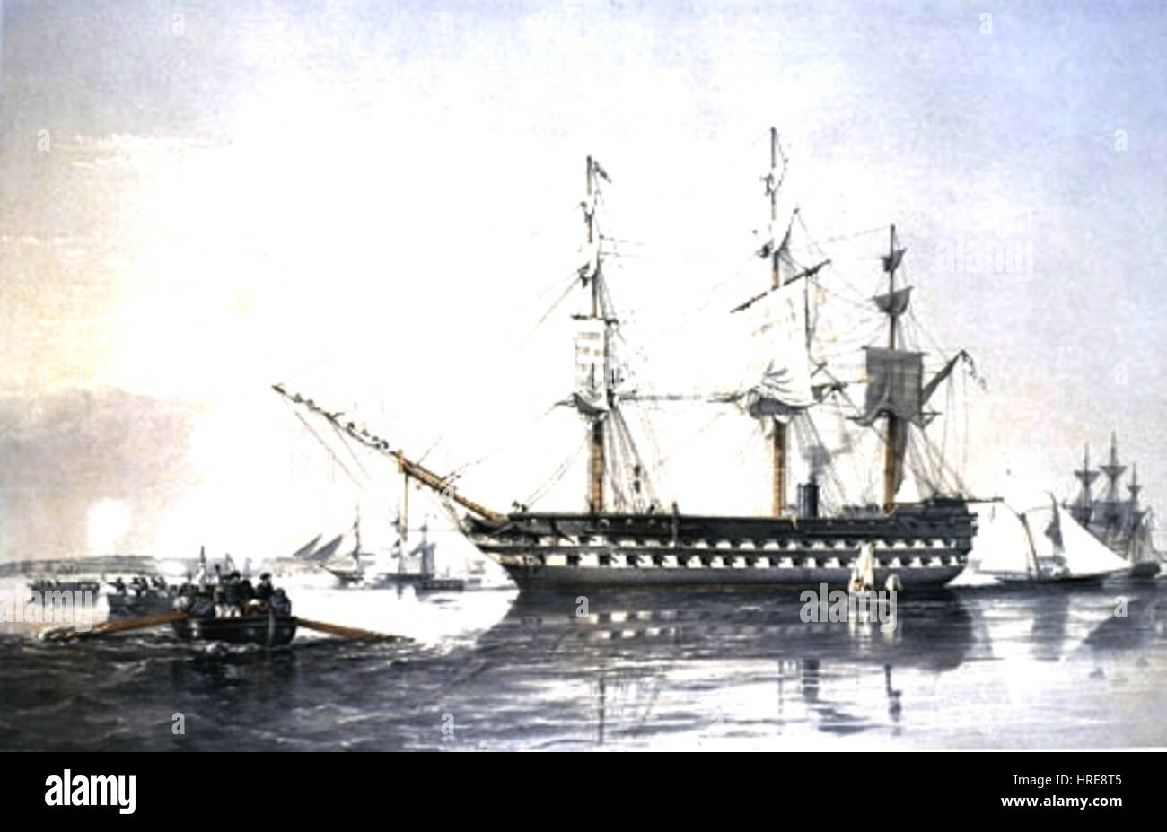 Le HMS Agamemnon 2 était un navire britannique renommé, célèbre pour son rôle dans l'histoire maritime. Cette œuvre d'art honore l'héritage du navire, en mettant l'accent sur sa présence dominante sur la mer, symbolisant la force et la puissance dans la guerre navale. Banque D'Images