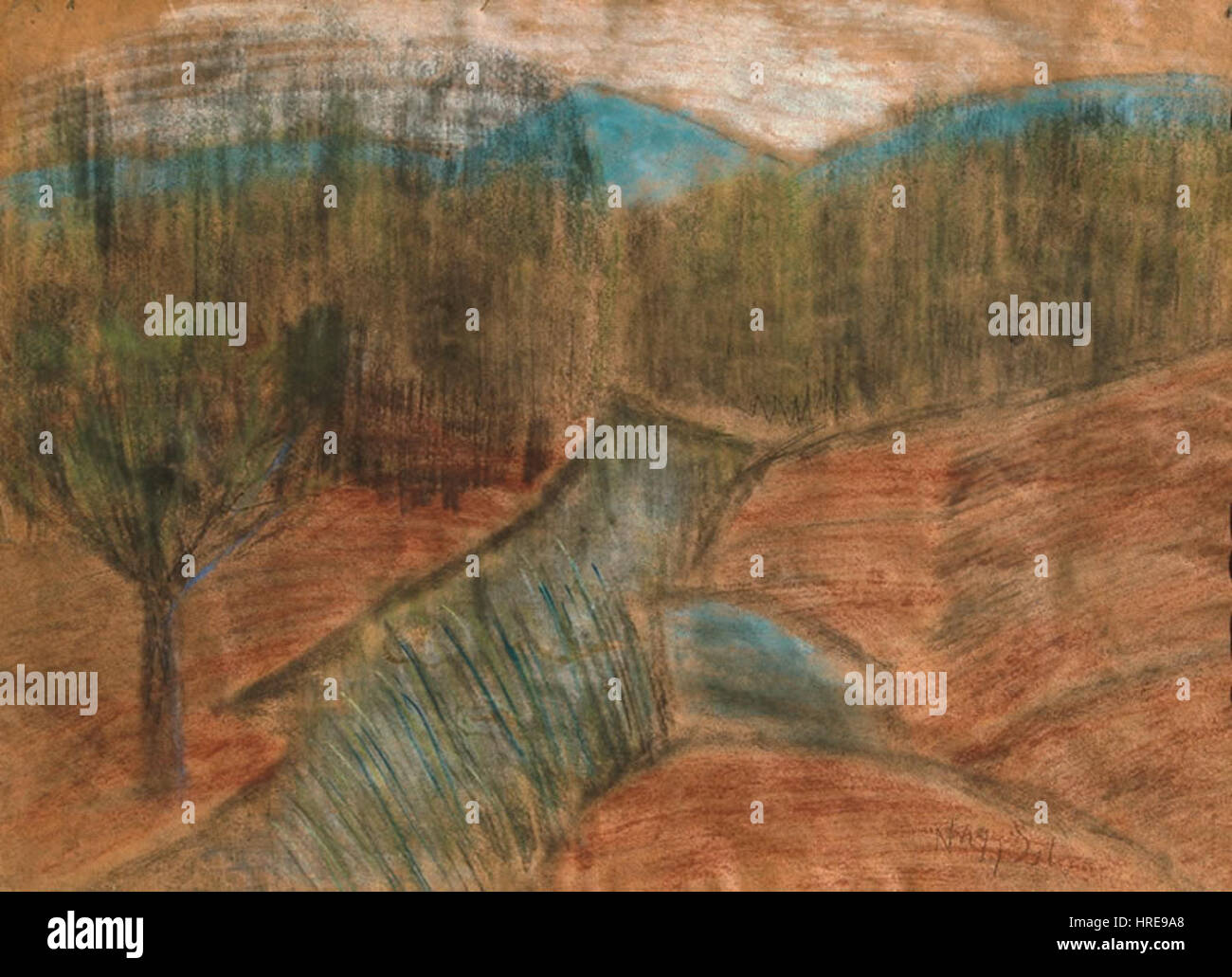 'Automne à Bakony' de Nagy est une peinture de paysage datant d'environ 1926, capturant les couleurs vibrantes de l'automne dans les montagnes Bakony. La pièce souligne la capacité de l’artiste à transmettre les changements saisonniers et l’atmosphère sereine de la campagne. Banque D'Images