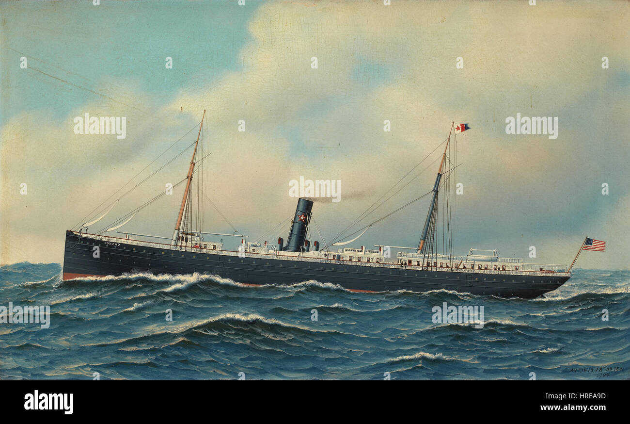'The Steamship Concho, 1904' d'Antonio Jacobsen représente un bateau à vapeur en action, mettant en valeur la puissance et l'élégance du transport maritime du début du XXe siècle. La peinture souligne la grandeur du bateau à vapeur, rendue avec des détails précis et un accent sur ses caractéristiques mécaniques et esthétiques. Banque D'Images