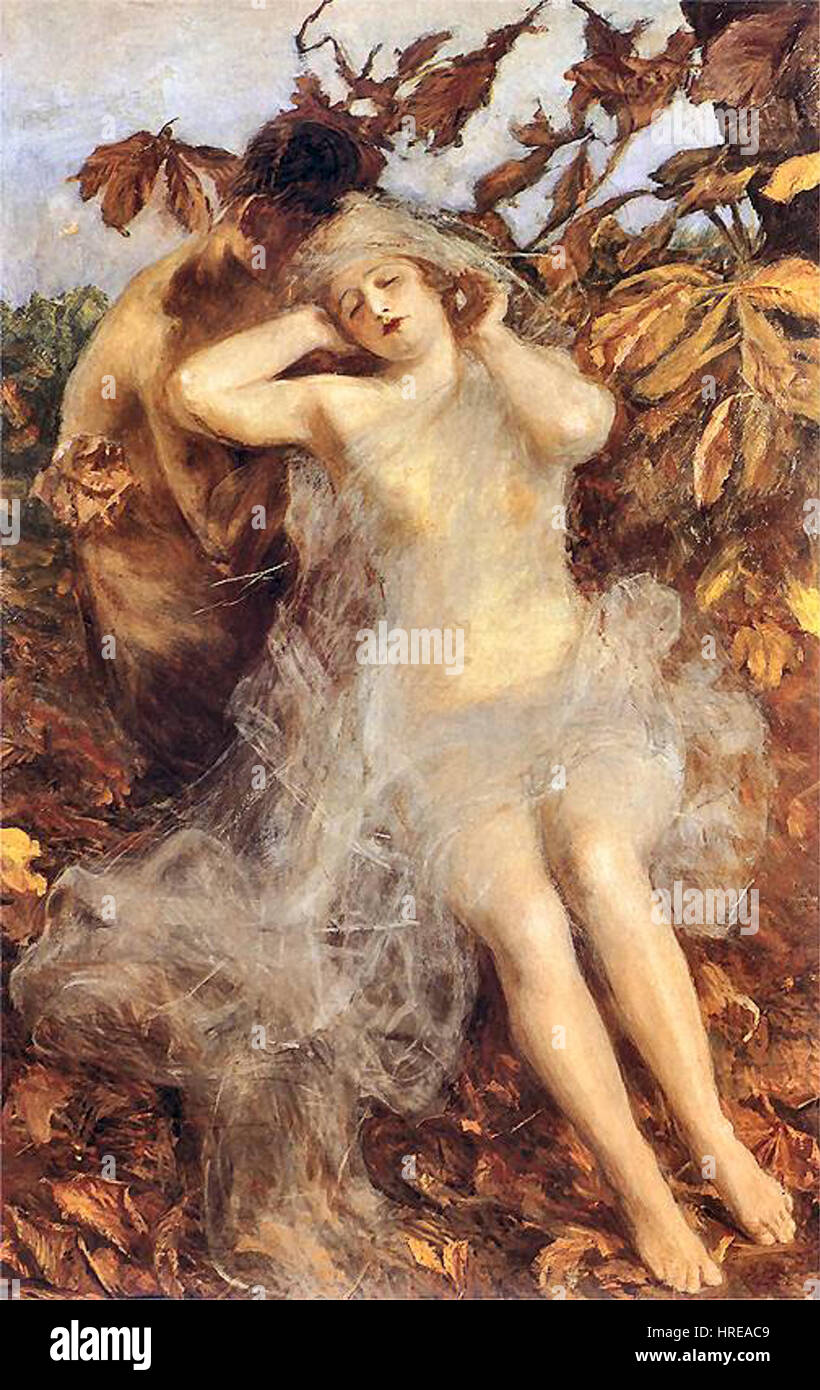 'Jesień' d'Axentowicz est un tableau de 1900 qui illustre la saison automnale avec de riches teintes d'orange et d'or. Il se concentre sur un paysage serein, mettant l'accent sur le changement de nature pendant l'automne. Banque D'Images