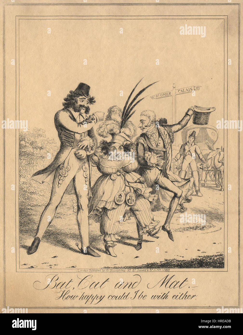 Bartolomeo Pergami, Caroline Amelia Elizabeth de Brunswick et Sir Matthew Wood, 1er baronnet, dans une gravure de 1821 attribuée à Theodore Lane et publiée par George Humphrey, un artiste anglais actif en 1831. Banque D'Images