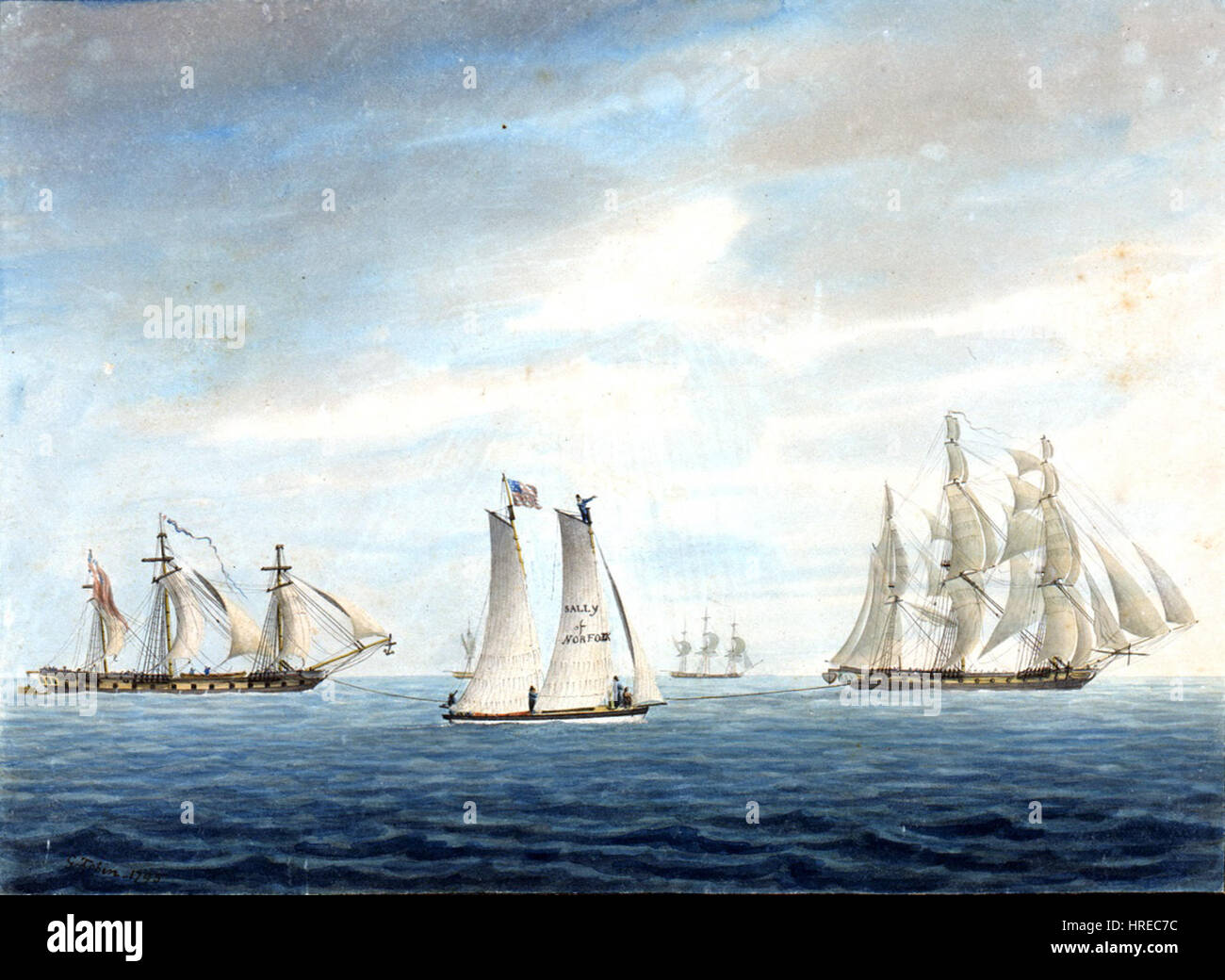 « La Cléopâtre remorquant le Thetis vers le Chesapeake » de George Tobin est une peinture maritime historique représentant l'opération navale de deux navires. L'œuvre capture le drame de la guerre navale avec des représentations détaillées des navires et des dynamiques océaniques. Banque D'Images