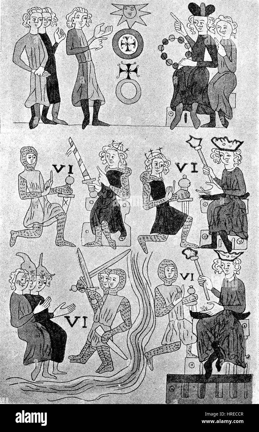 Les fiefs fiefs ou système, il a formé la base de l'ordre social médiéval fortement les états de l'Ouest, en particulier le Saint Empire Romain, Présentation du plus ancien manuscrit de la Sachsenspiegel, Heidelberg, la bibliothèque de l'université, de l'Allemagne, la reproduction d'une gravure sur bois du xixe siècle, 1885 Banque D'Images