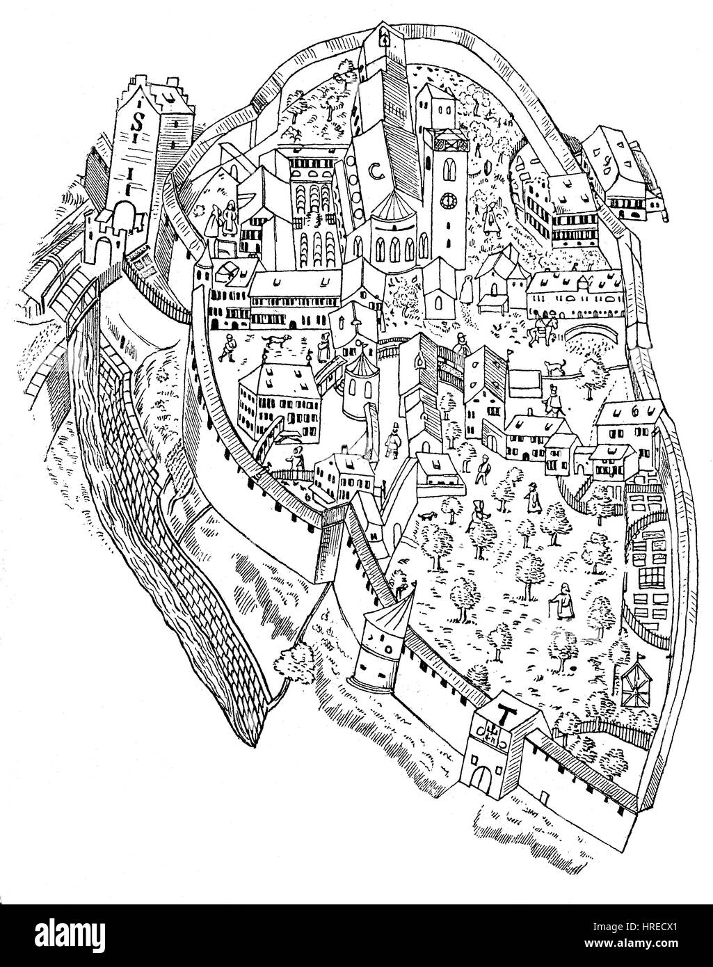 La plus ancienne vue du monastère de Saint-gall ou traditionnellement St Gall, parfois en allemand Sankt Gallen, un plan de la ville de 1596, la Suisse, la reproduction d'une gravure sur bois du xixe siècle, 1885 Banque D'Images