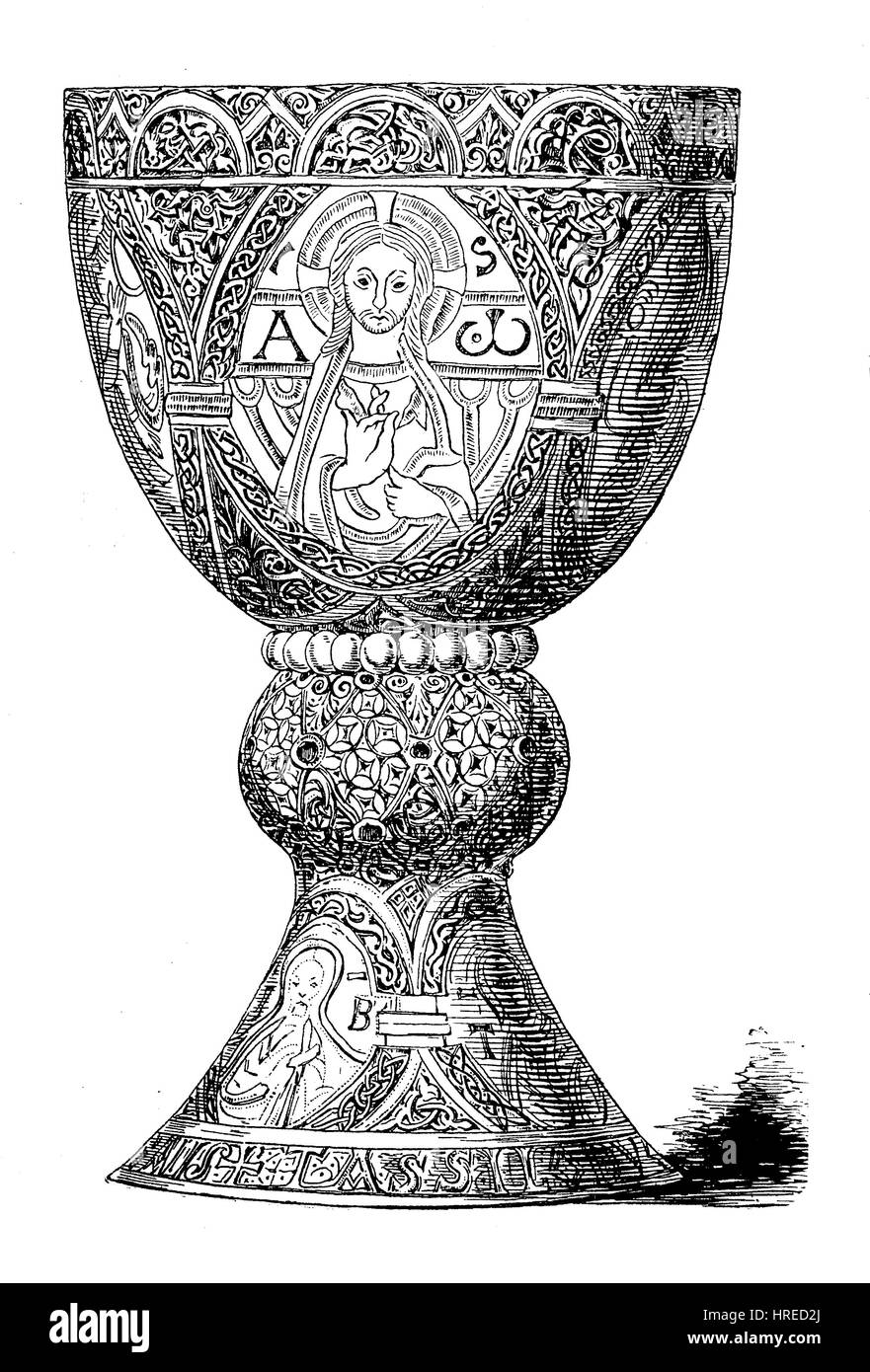 Le calice de Tassilo est un calice en bronze, dorée à l'argent et d'or, datant du 8e siècle, dans l'abbaye Kremsmuenster, Autriche , reproduction d'une gravure sur bois du xixe siècle, 1885 Banque D'Images
